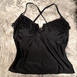 Black V-neck bathing suit top with fringe